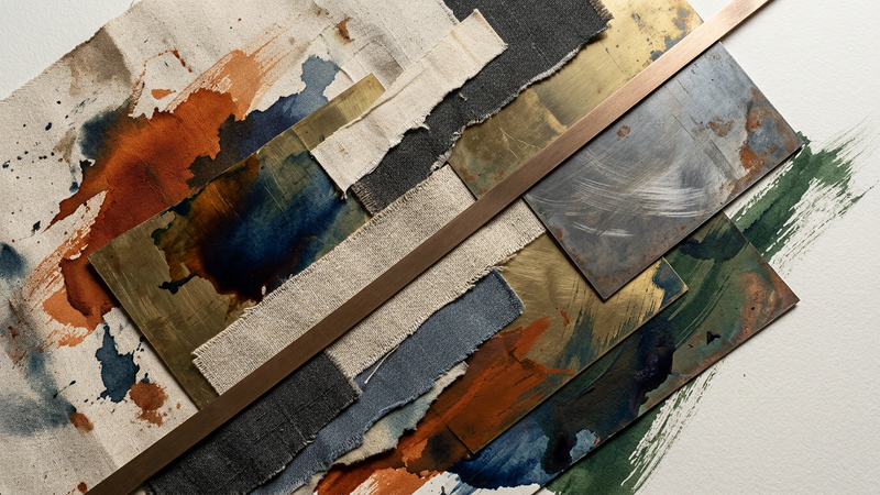Abstract contemporary composition blending natural fibres, metallic forms, and geometric shapes against a muted background
