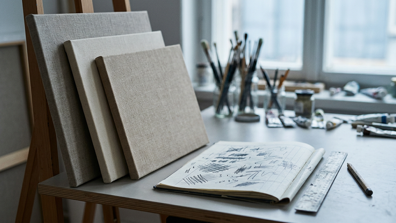 Studio worktable with unmarked stretched canvases, rulers and a pencil price ledger under cool north window light