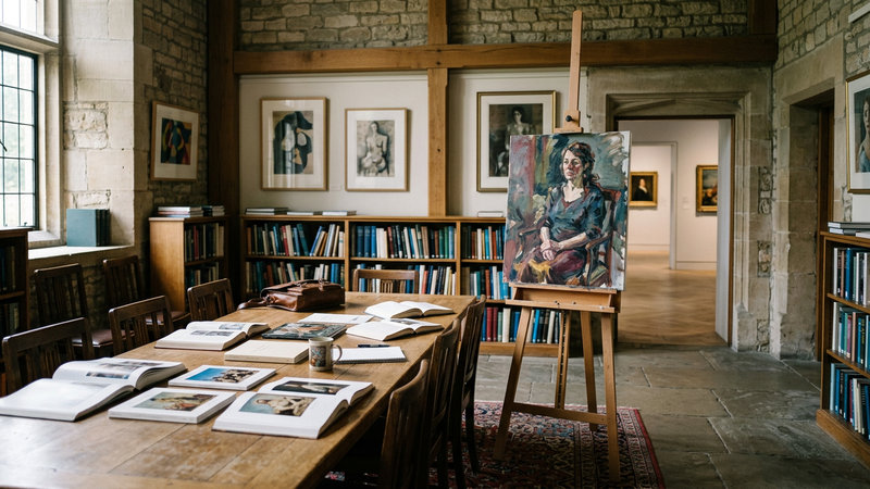 Sunlit museum study room with a large table, open reference books and a framed painting on an easel, viewed across empty chairs
