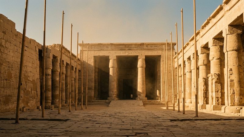 Sunlit limestone temple courtyard with empty flagpoles and deep shadow under a clear desert sky, suggesting New Kingdom sacred architecture without named monuments.