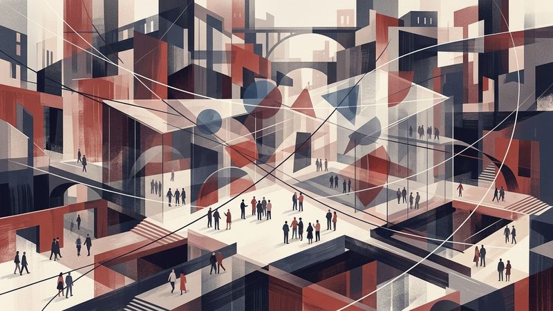 Abstract editorial illustration evoking democratic assembly and contemporary curatorial practice for Gwangju Biennale open call
