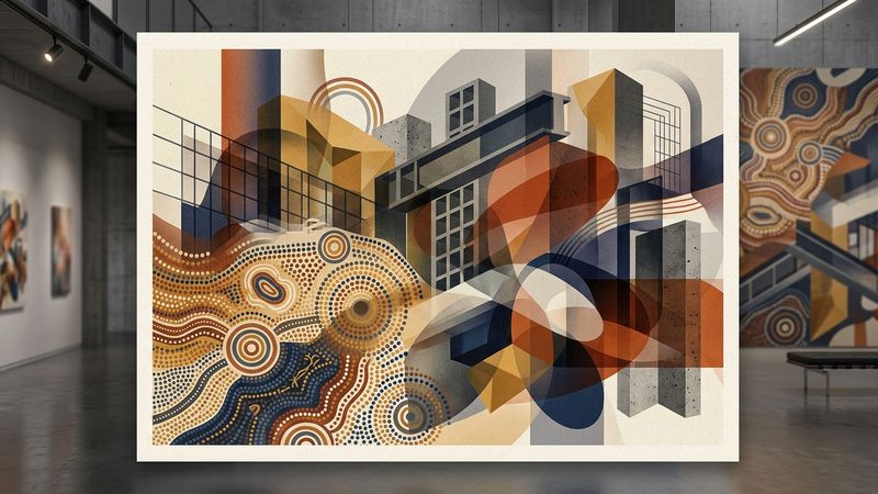 Abstract illustration of overlapping cultural motifs and industrial silhouettes