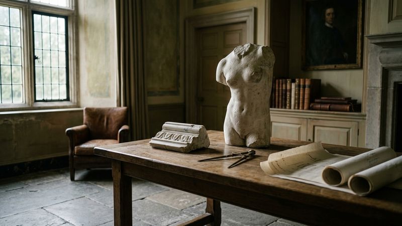 Sunlit stone gallery with pale marble fragments, plaster casts and a measuring rod on a oak table, cool northern light
