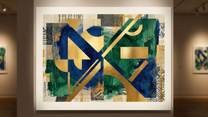 Abstract composition featuring geometric patterns and handcrafted textures in gold and deep blue tones