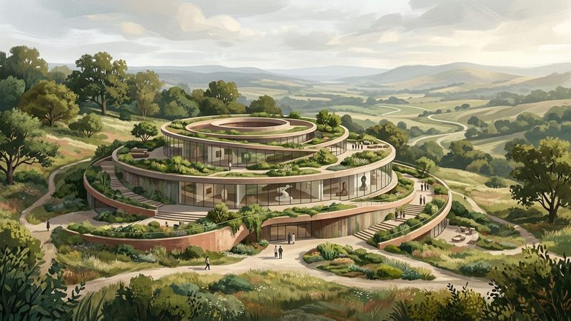 Abstract architectural rendering of a circular museum building with layered terraces and greenery, inspired by ancestral gathering spaces