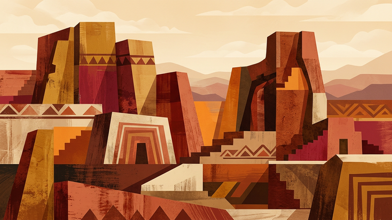 Abstract contemporary illustration of geometric adobe forms and terracotta pigments suggesting ancient Andean architecture