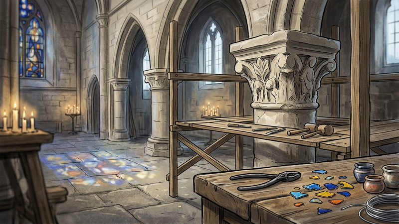Candlelit stone church interior with carved portal stone dust, coloured glass light on flagstones, and a goldsmith’s tools on a oak bench