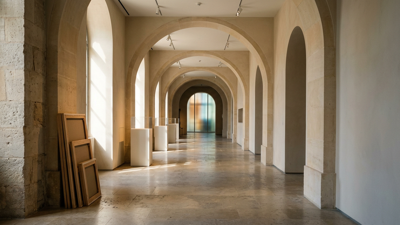 Sunlit stone museum enfilade with empty pedestals and blank panels, suggesting centuries of Western art without naming a specific work