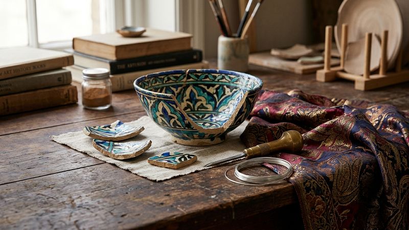 Workshop still life with Islamic ceramic bowl shards in cobalt and turquoise glaze, brass inlay tools and silk thread on a wooden bench in warm sidelight