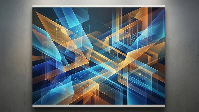 Abstract contemporary composition featuring translucent geometric layers and soft luminescent gradients evoking digital architecture
