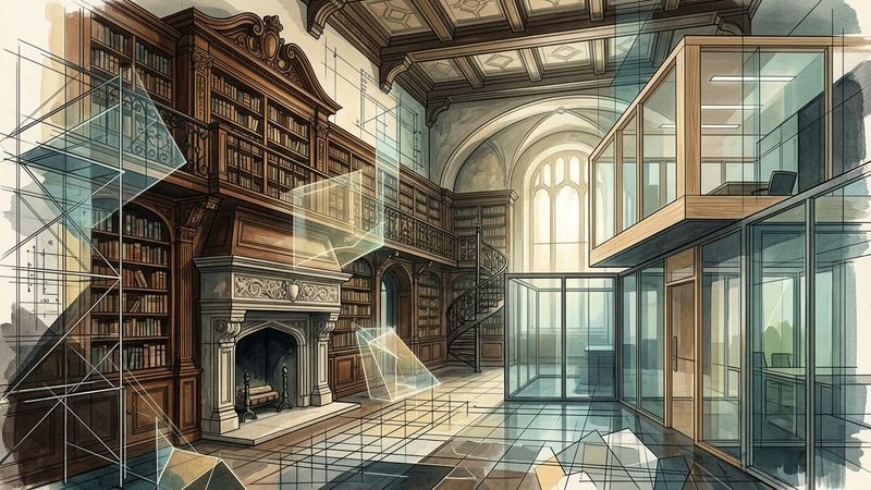 Interior of the New York Society Library showing walnut panelling, sculpted fireplace mantels and glass-partitioned offices after renovation.