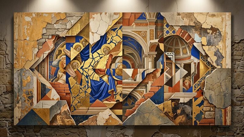 Abstract contemporary interpretation of layered Renaissance pigments revealing hidden architectural forms beneath a golden canopy