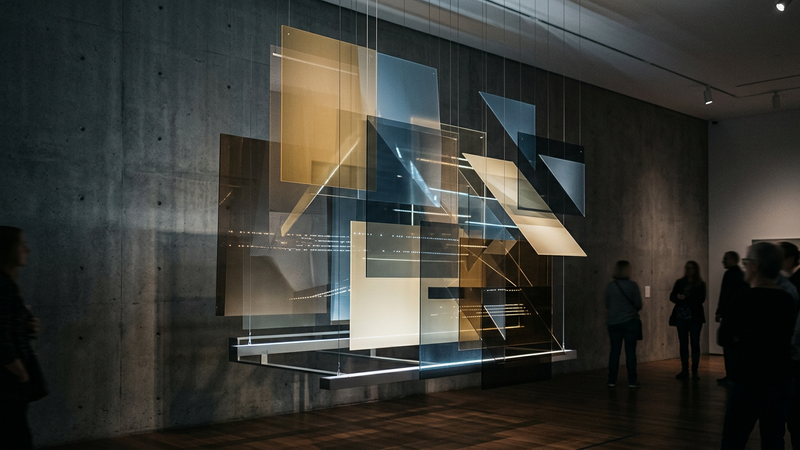 Abstract contemporary composition featuring layered translucent planes, kinetic light elements, and subtle geometric fragmentation evoking themes of visibility and restraint.