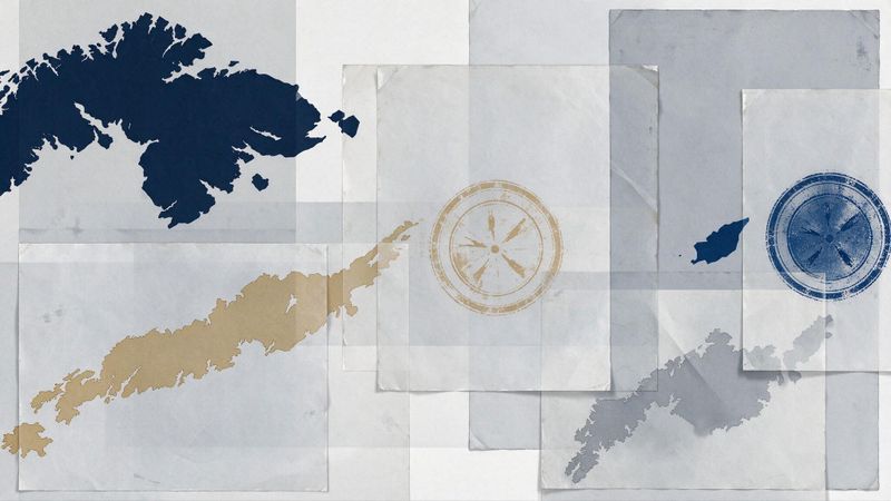 Abstract composition blending fragmented archival textures with northern landscapes in muted tones