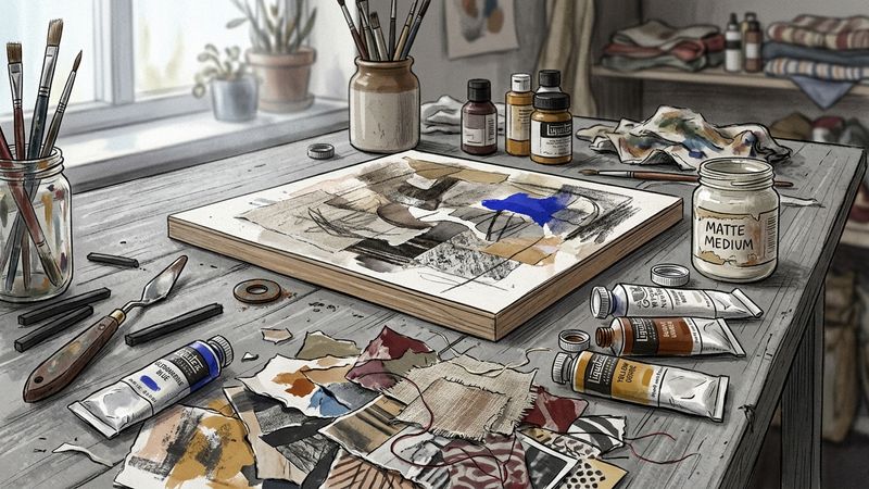 Artist workbench with acrylic paints, glue pot, cut paper scraps, charcoal and a wooden panel support, shallow depth of field, editorial art-magazine still life