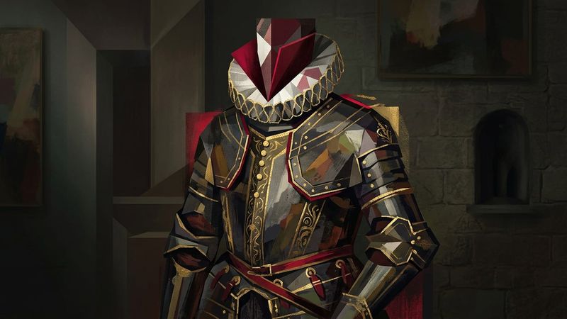 Abstract composition featuring golden armour elements and red sash against muted background, suggesting Spanish court portraiture