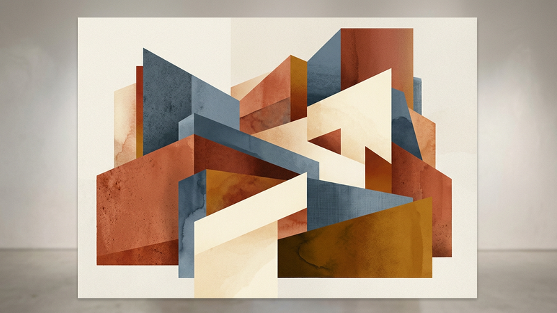 Abstract geometric composition blending warm ochre and deep navy tones, evoking modernist architecture and cultural heritage without text or logos