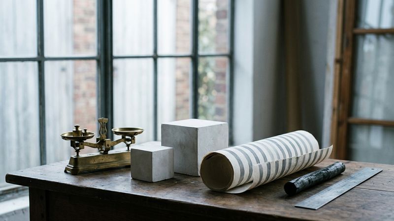 Studio table with a beam scale, stacked grey cubes of unequal size, striped paper and a charcoal stick under cool north window light, suggesting visual weight and repeat