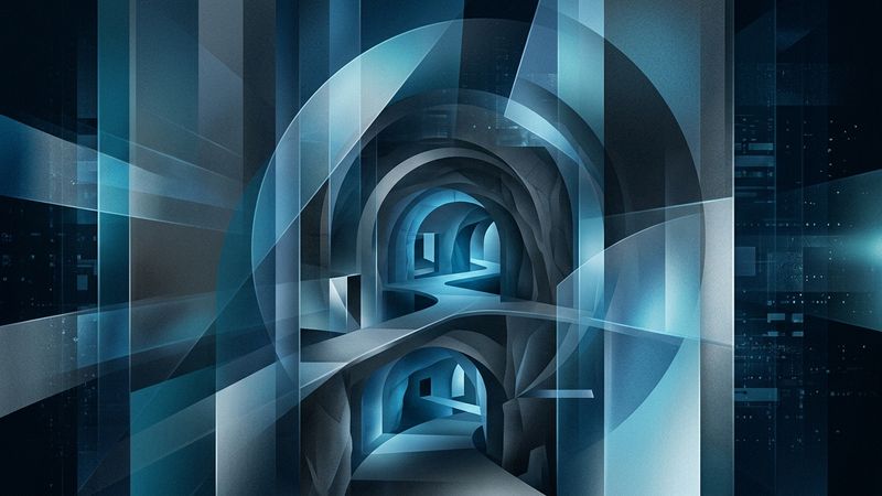 Abstract digital composition featuring geometric tunnels and floating interface elements in muted tones