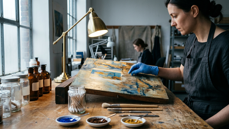 Conservation studio bench with angled task light, pigment dishes and soft brushes beside a partially cleaned painted panel, no readable labels