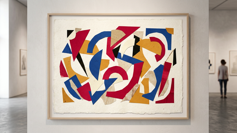 Abstract contemporary composition featuring layered cut-out shapes in vibrant reds, blues, and yellows against a muted background.