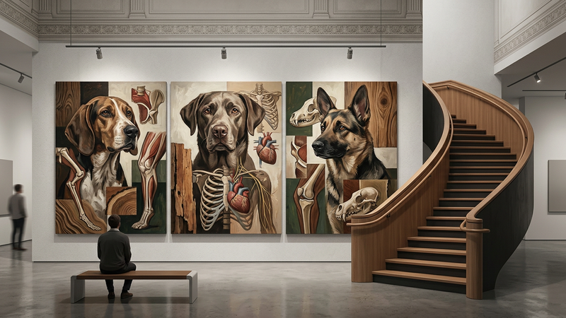 Abstract contemporary painting installation featuring fragmented forms and architectural illusion against a staircase backdrop