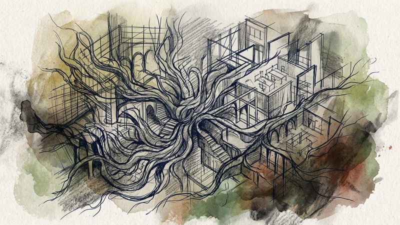 Abstract illustration of overlapping pen strokes forming architectural and organic shapes on a muted background