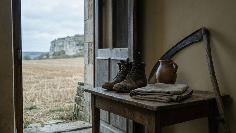 Mid-nineteenth-century rural work table with worn boots, coarse cloth, earthenware jug and harvest stubble beyond an open doorway under cool daylight.