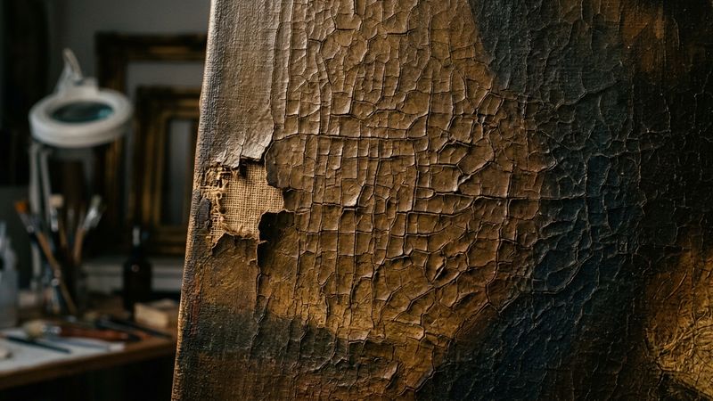 Raking light across an aged oil-paint surface on canvas, showing a fine rectangular crack network in warm earth colours, no readable inscriptions