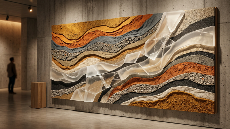 Abstract contemporary artwork featuring layered textures of sand and mineral pigments arranged in meditative geometric patterns