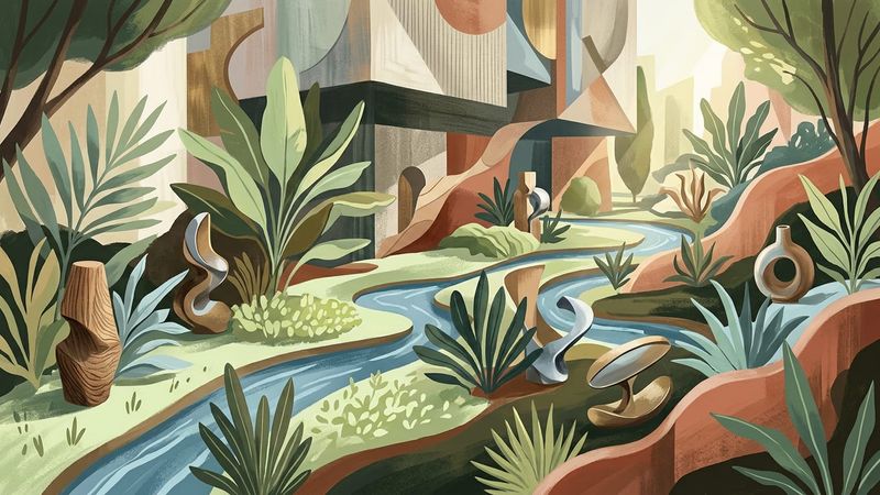 View of a biodiverse urban garden with drought-tolerant planting and a water feature outside a neoclassical museum building