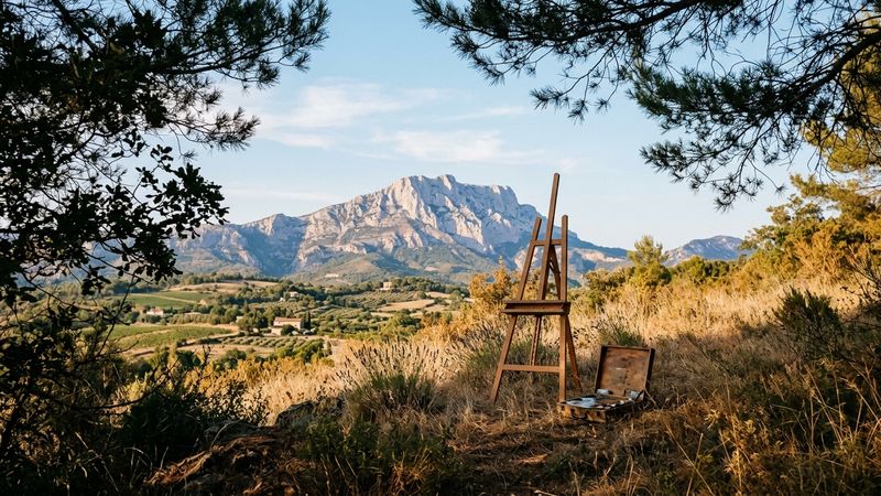 Sunlit Provençal hillside with a distant pale mountain ridge, pine branches in the foreground, and a painter’s empty easel among dry grass, no figures.