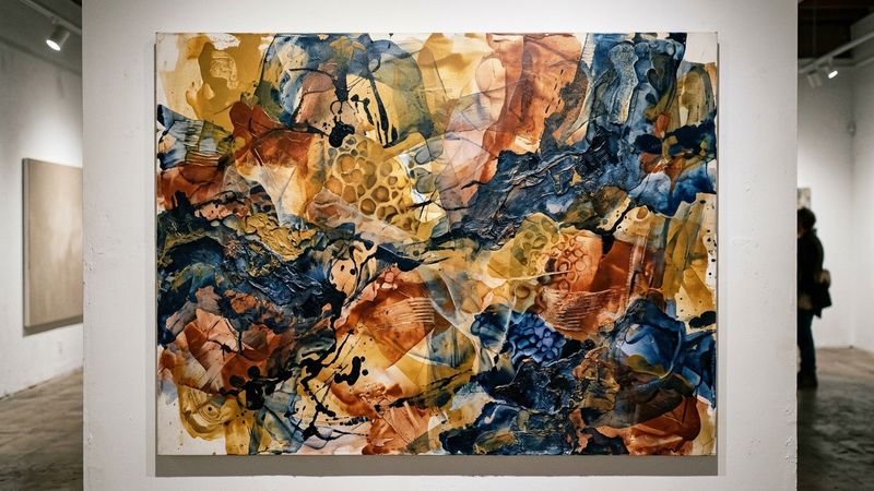 Abstract painting with layered textures in earth tones and vibrant accents, suggesting archaeological strata and organic forms