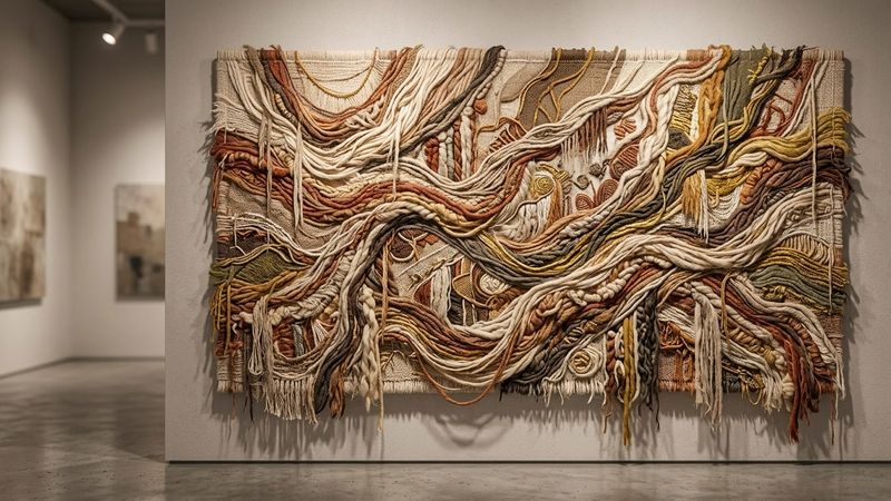 Abstract contemporary illustration of flowing textile threads forming historical narrative patterns against muted gallery backdrop