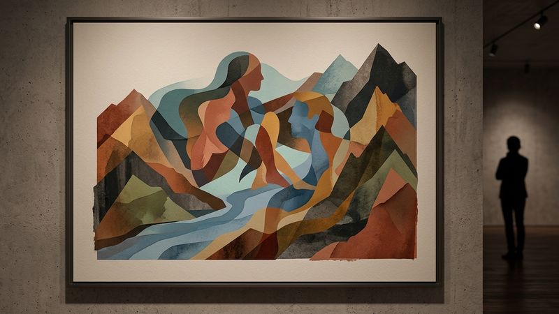 Abstract landscape composition suggesting human figures within mountainous terrain, rendered in contemporary artistic style