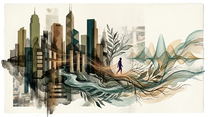 Abstract editorial illustration of a Hong Kong cityscape dissolving into organic forms, sound waves, and ritualistic movement traces