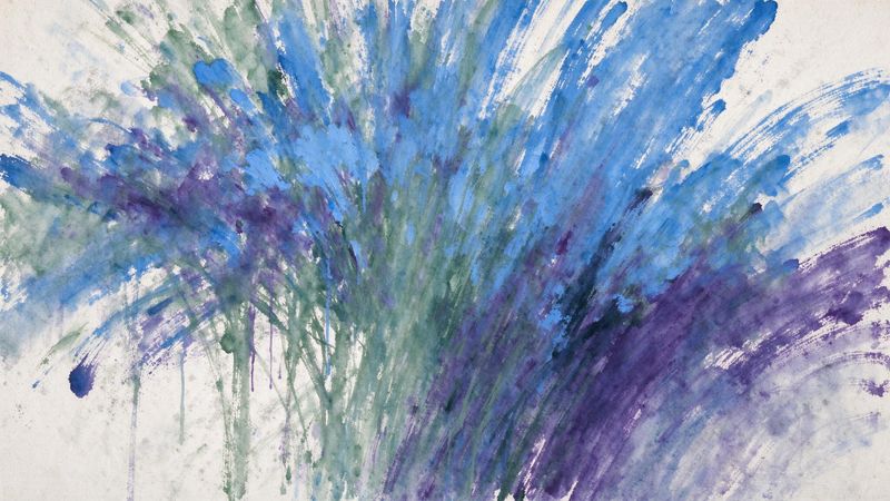 Abstract contemporary interpretation of layered floral brushstrokes in cool blues and greens
