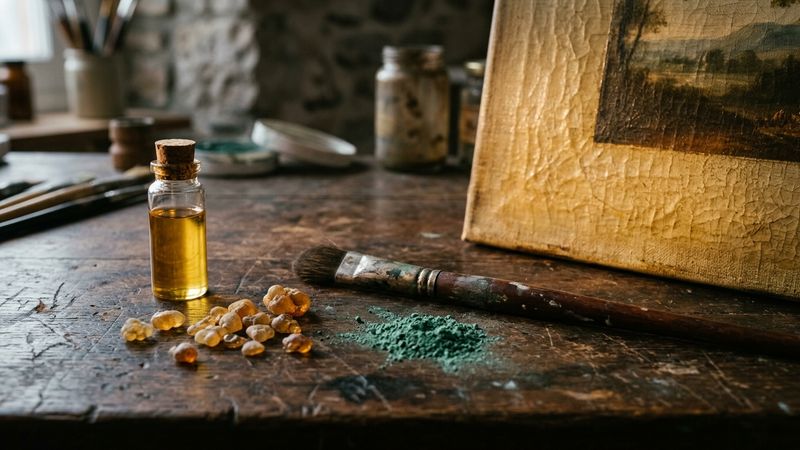 Close-up of linseed oil, amber resin tears and green copper pigment on a scarred oak bench, with a yellowed varnish film catching raking light
