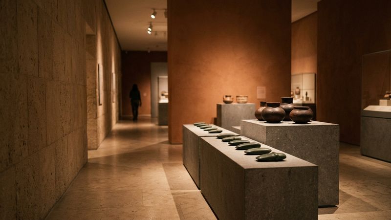 Raking gallery light on greenstone and clay vessels suggesting Ancient American museum objects without copying a named masterpiece
