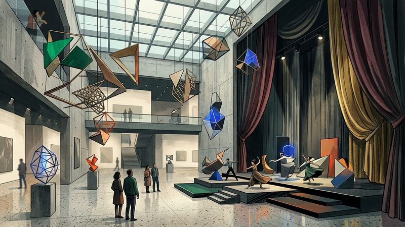 Abstract installation view showing suspended geometric forms and theatrical staging elements within a modern museum atrium