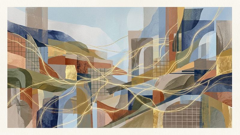 Abstract composition reflecting themes of peace and transformation, inspired by Mel Chin's socially engaged art practice.