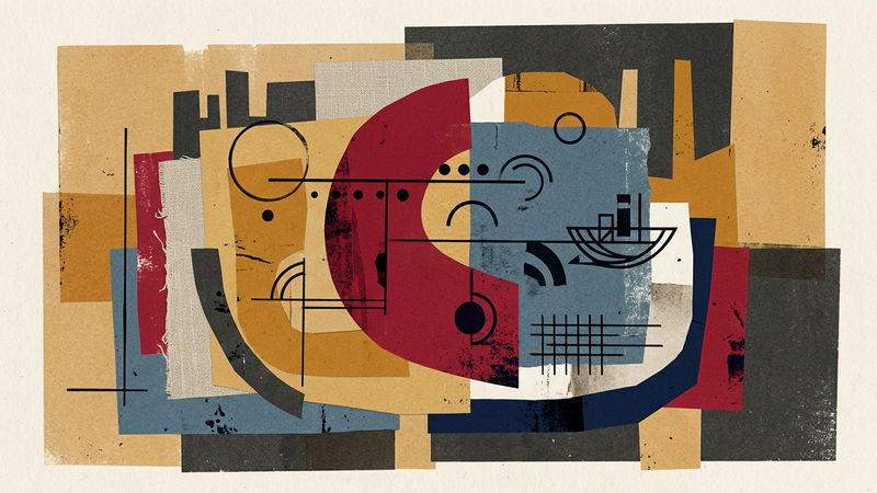 Abstract geometric composition reflecting mid-century modernist collage techniques and transatlantic artistic exchange