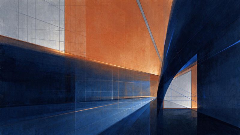 Abstract geometric composition featuring interlocking translucent panels in deep blue and ochre, evoking architectural forms and market dynamics without text or logos