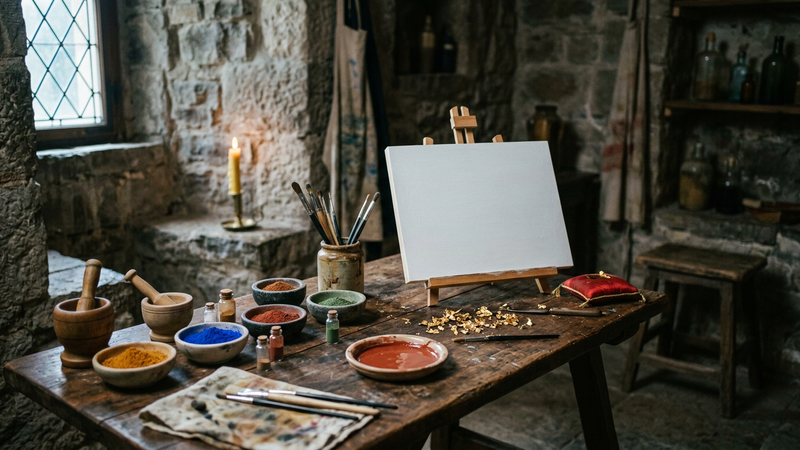Candlelit workshop table with gessoed wood panel, red clay bole, gold leaf scraps and egg-tempera pigment bowls in a stone interior.