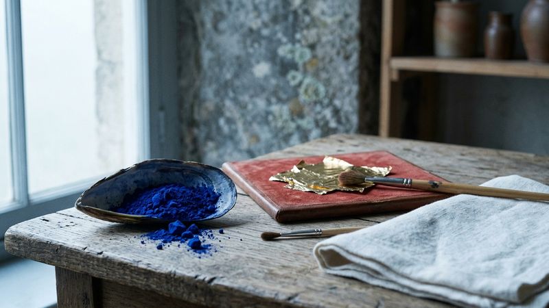 Oak table in cool north light with a mussel shell of intense blue pigment, scraps of gold leaf on red bole, and a folded white linen, suggesting a European panel painter’s materials.