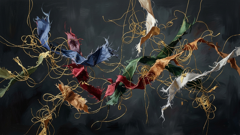 Abstract composition featuring fragmented textile layers and metallic threads against a muted grey backdrop