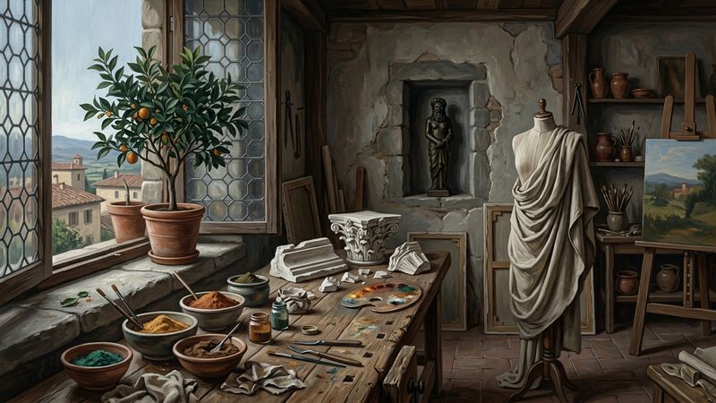 Sunlit Renaissance studio with plaster antique fragments, folded linen drapery and a wooden architectural niche, no figures.