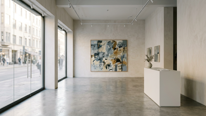 Sunlit contemporary gallery interior with pale walls, polished concrete floor and a single abstract canvas on a far wall, empty of visitors