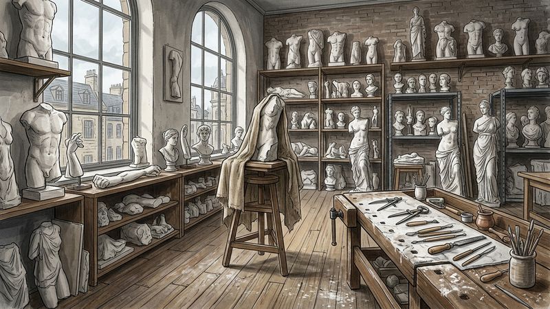 Sunlit interior of a sculpture studio with draped linen, wooden easels and white plaster casts of antique torsos and limbs, no living models
