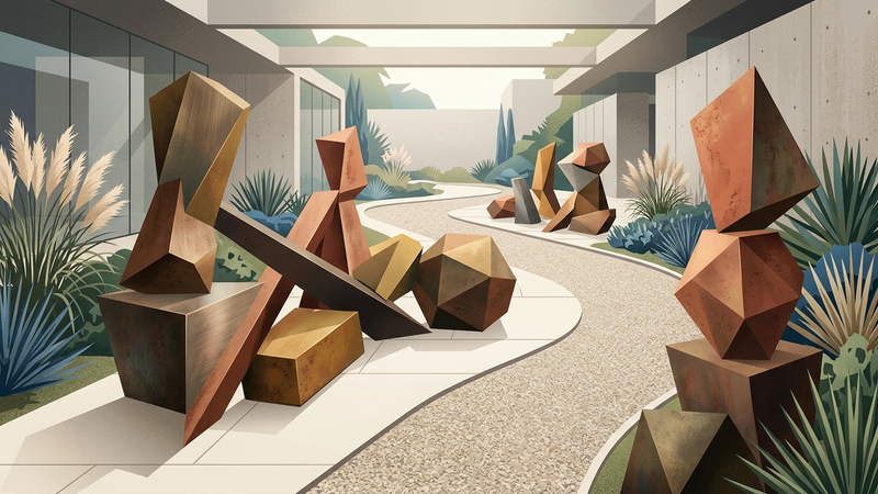 Abstract contemporary illustration of geometric bronze forms arranged within a minimalist landscaped courtyard